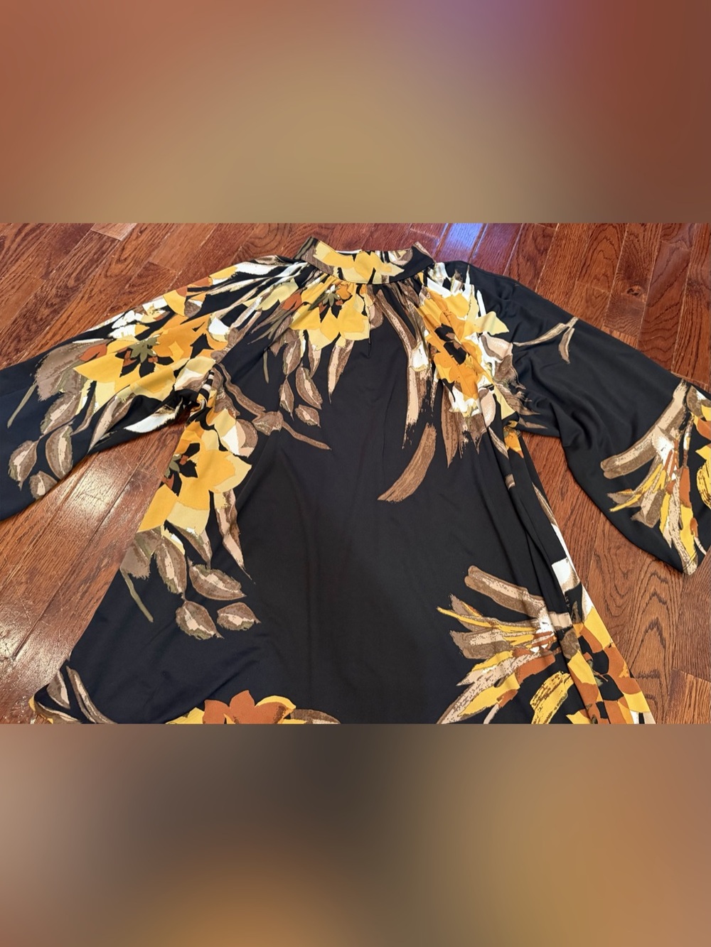 Abstract Floral Fall Mock Neck Tunic Blouse Black Orange Yellow 18/20W or XL